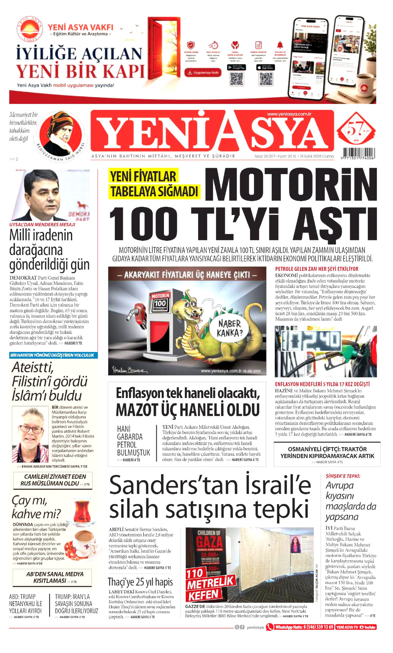 Yeni Asya Gazetesi Manşeti - 18 Eylül 2026 Birinci Sayfa
