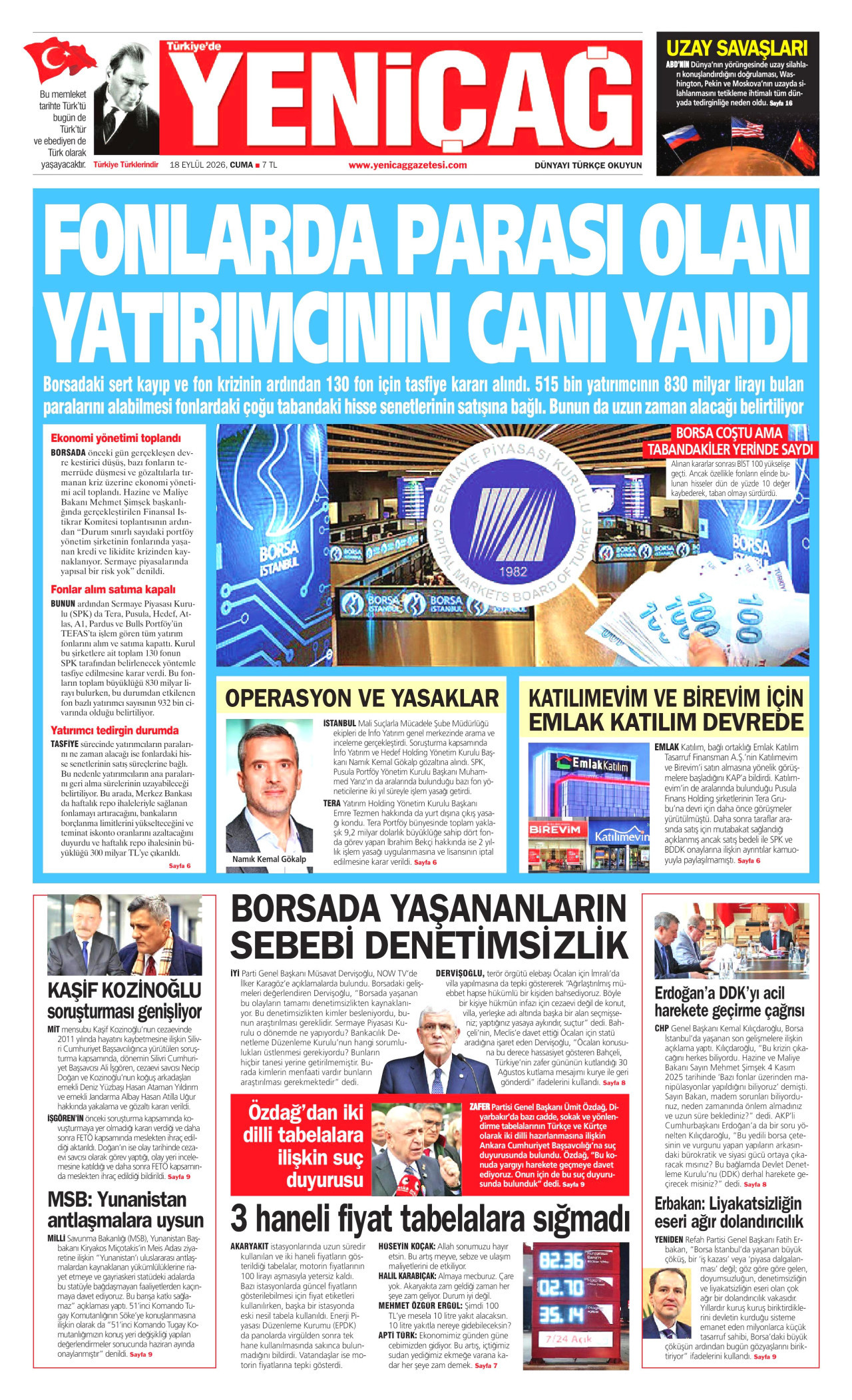 Yeniçağ Gazetesi Manşeti - 18 Eylül 2026 Birinci Sayfa