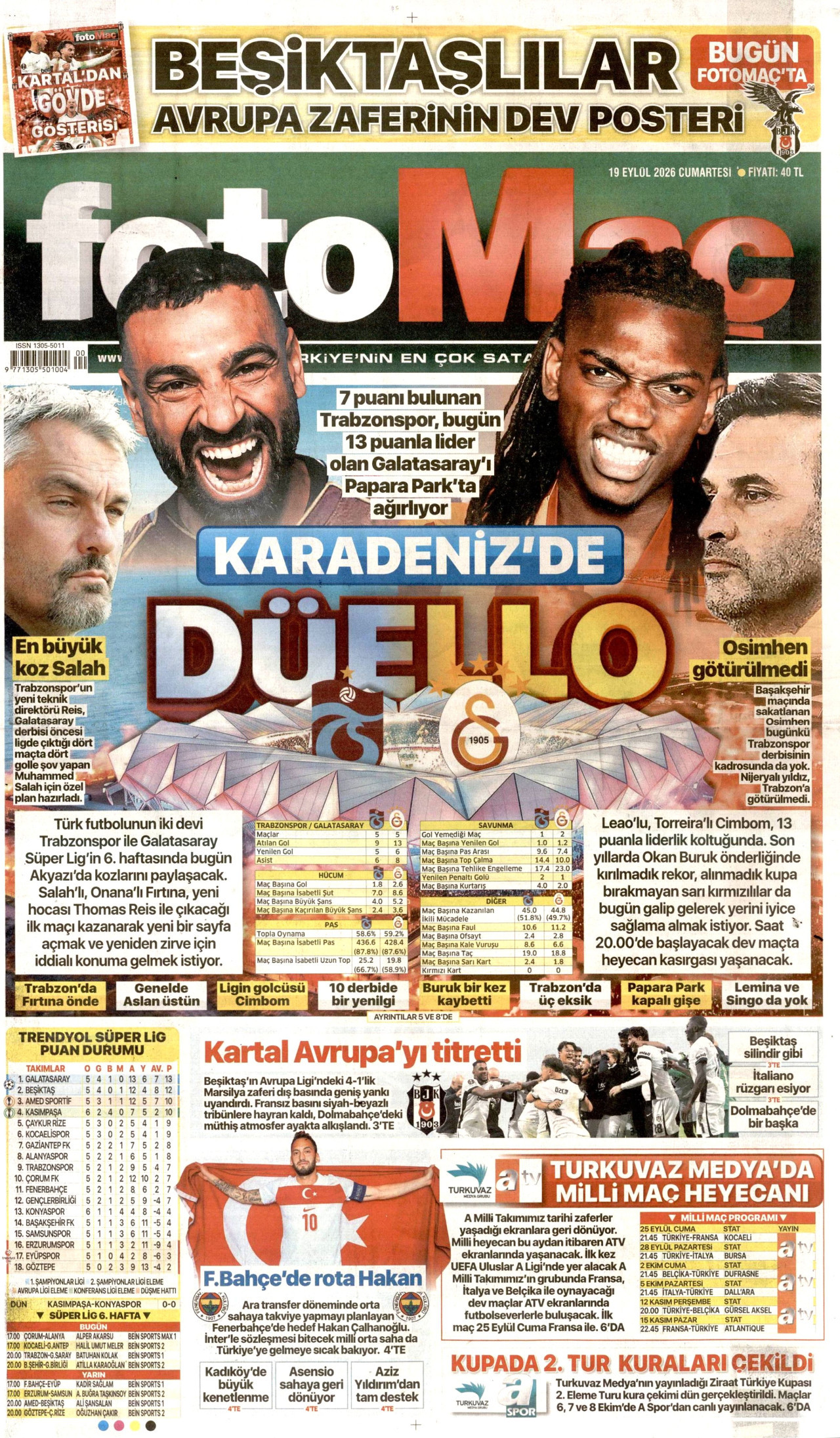Fotomaç Gazetesi Manşeti - 19 Eylül 2026 Birinci Sayfa