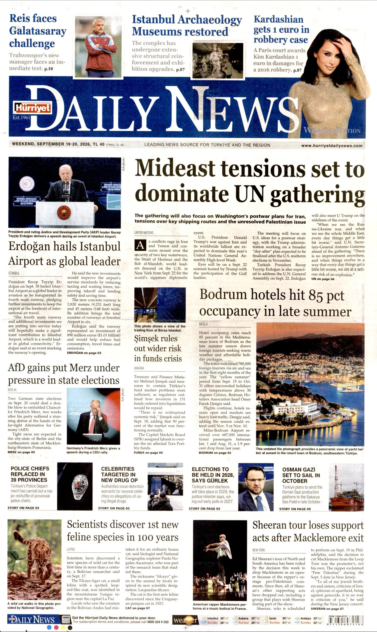 Hürriyet Daily News Gazetesi Manşeti - 19.09.2026