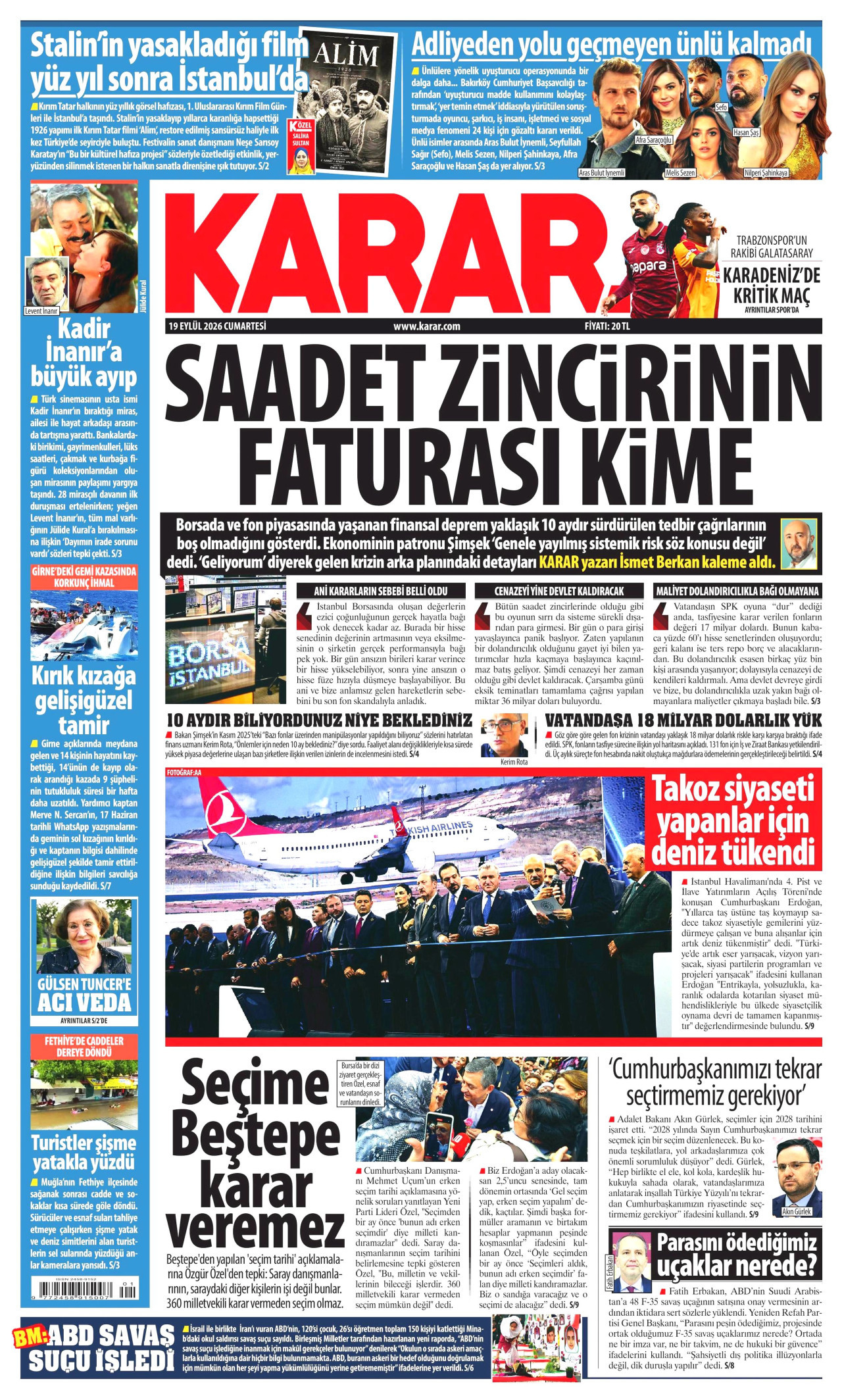 Karar Gazetesi Manşeti - 19 Eylül 2026 Birinci Sayfa