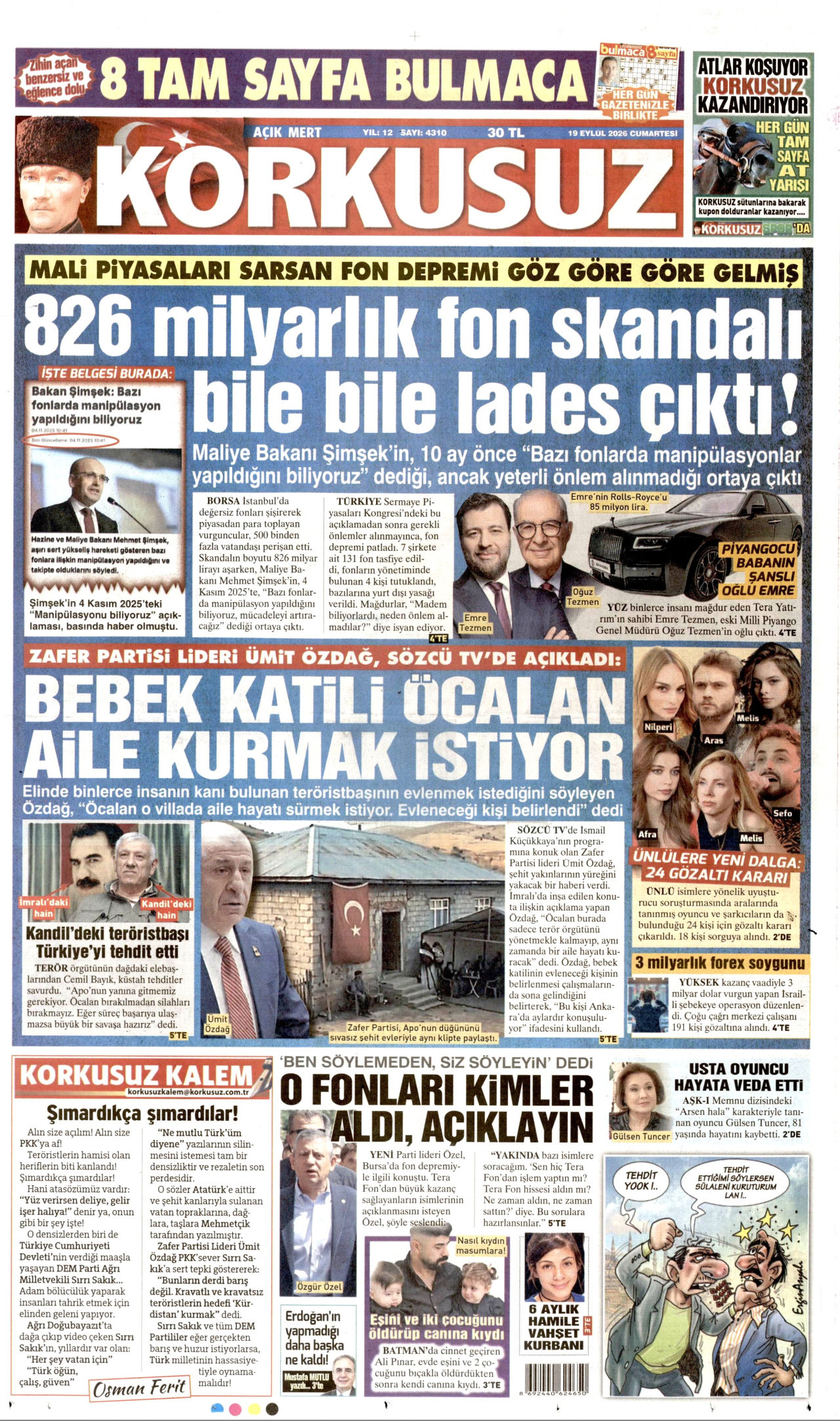 Korkusuz Gazetesi Manşeti - 31 Ağustos 2026 Birinci Sayfa