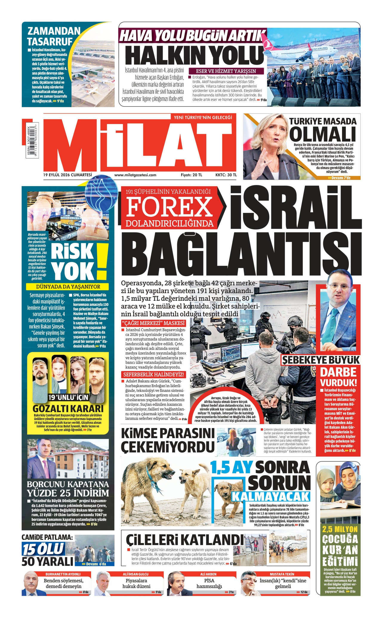 Milat Gazetesi Manşeti - 19.09.2026