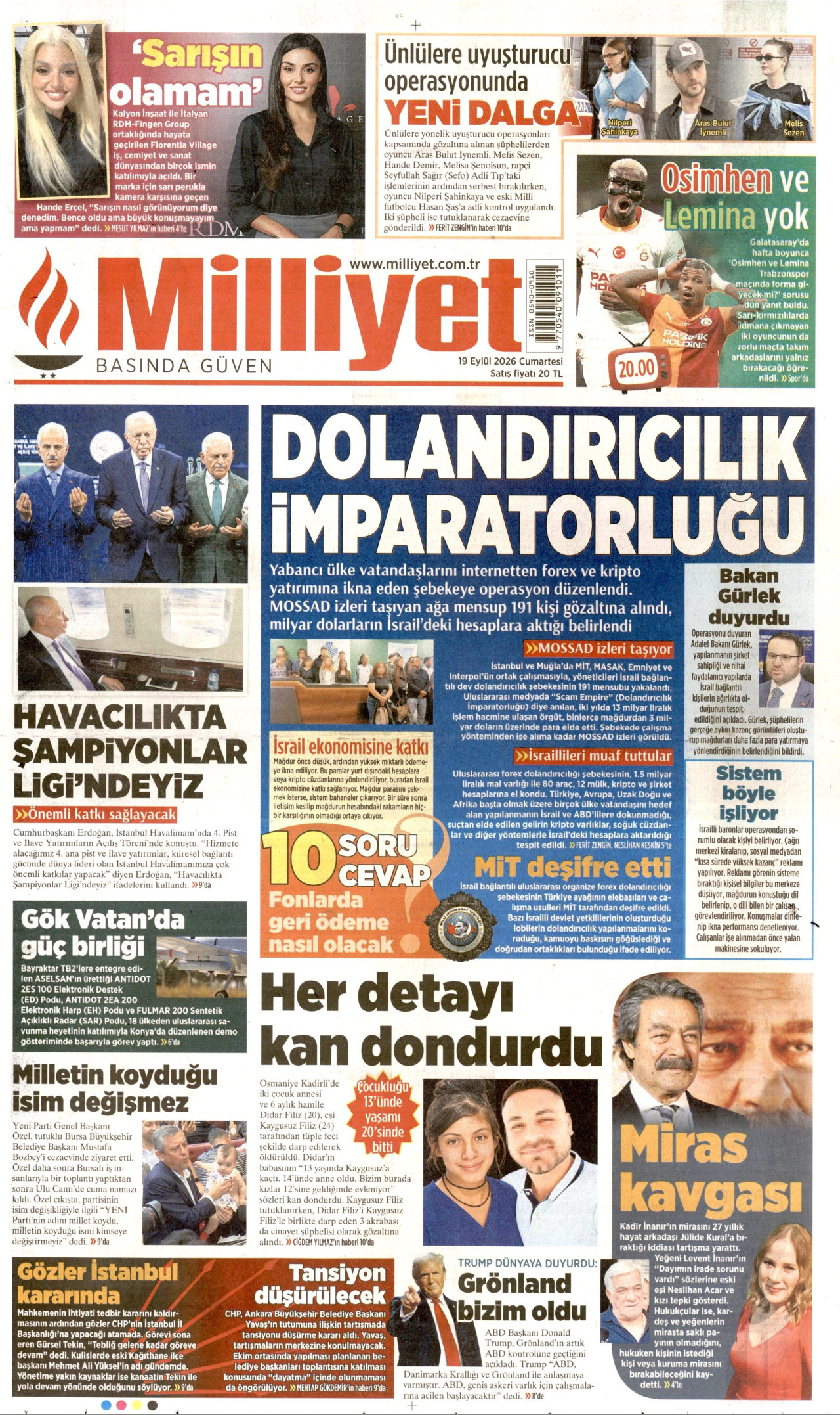 Milliyet Gazetesi Manşeti - 19 Eylül 2026 Birinci Sayfa