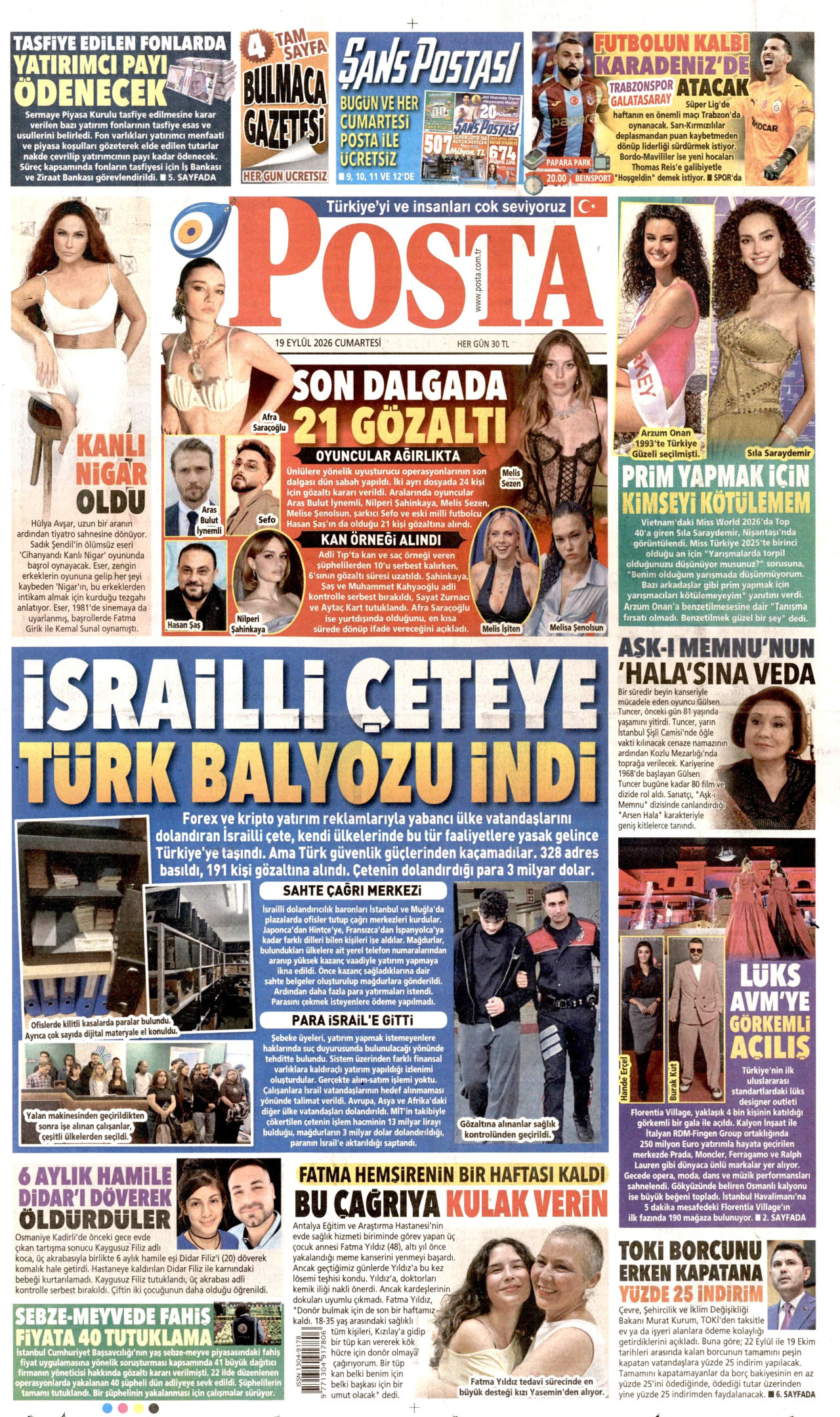 Posta Gazetesi Manşeti - 19 Eylül 2026 Birinci Sayfa
