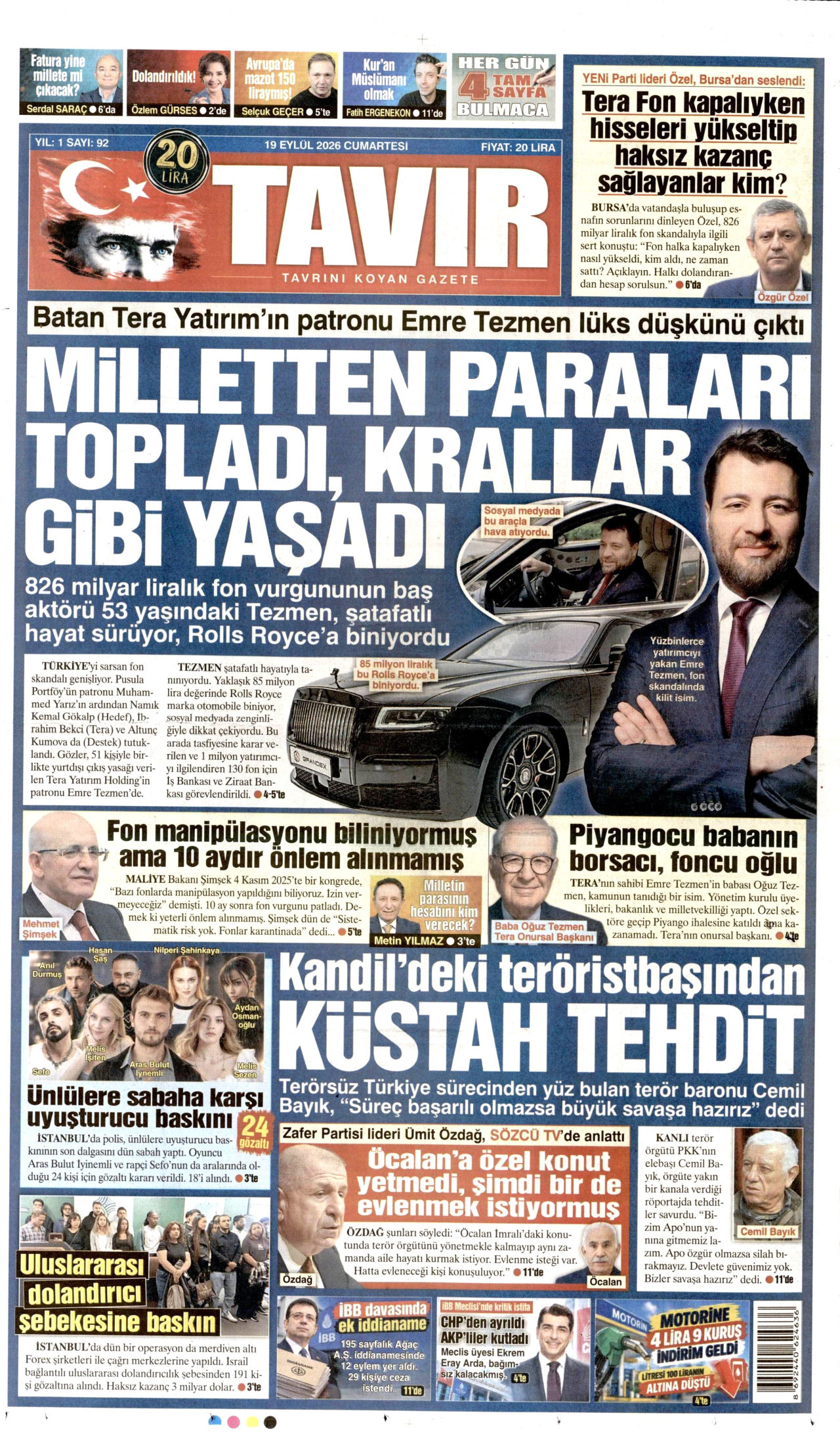 Tavır Gazetesi Gazetesi Manşeti - 19 Eylül 2026 Birinci Sayfa