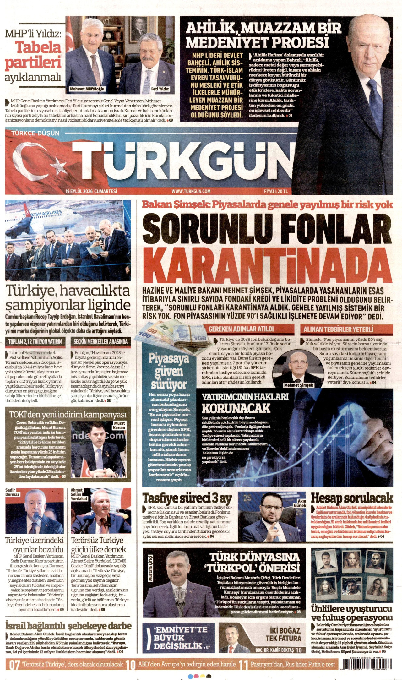 Türkgün Gazetesi Manşeti - 19 Eylül 2026 Birinci Sayfa