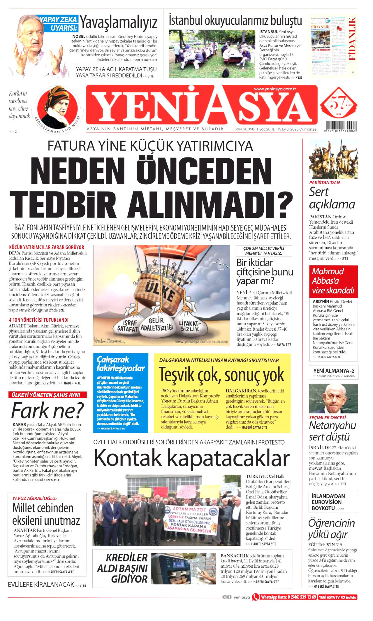 Yeni Asya Gazetesi Manşeti - 19 Eylül 2026 Birinci Sayfa