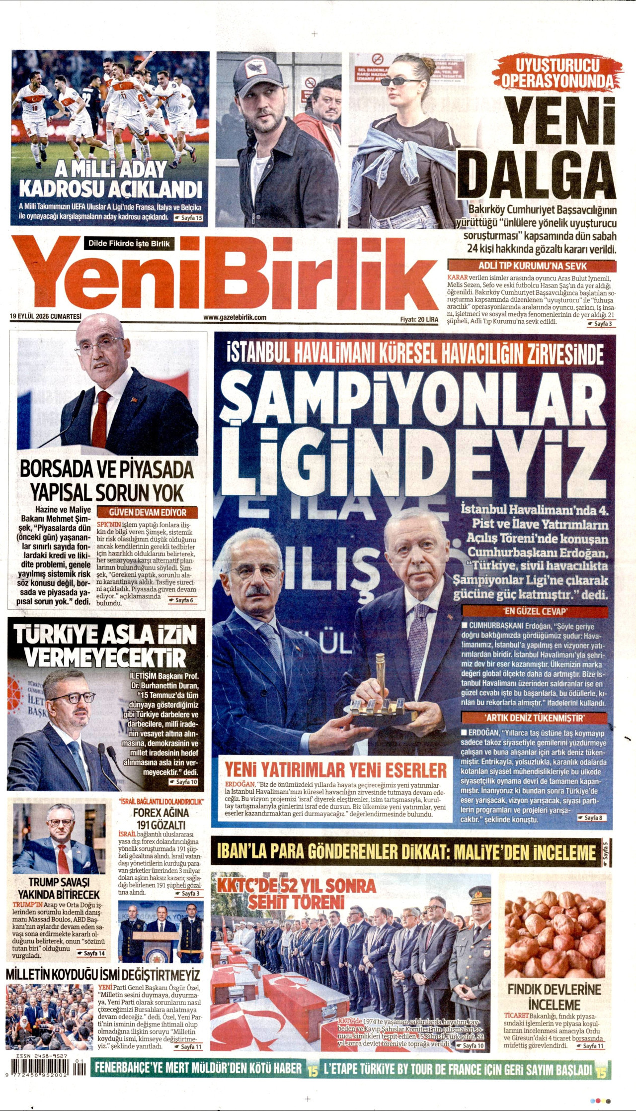 YeniBirlik Gazetesi Manşeti - 19 Eylül 2026 Birinci Sayfa