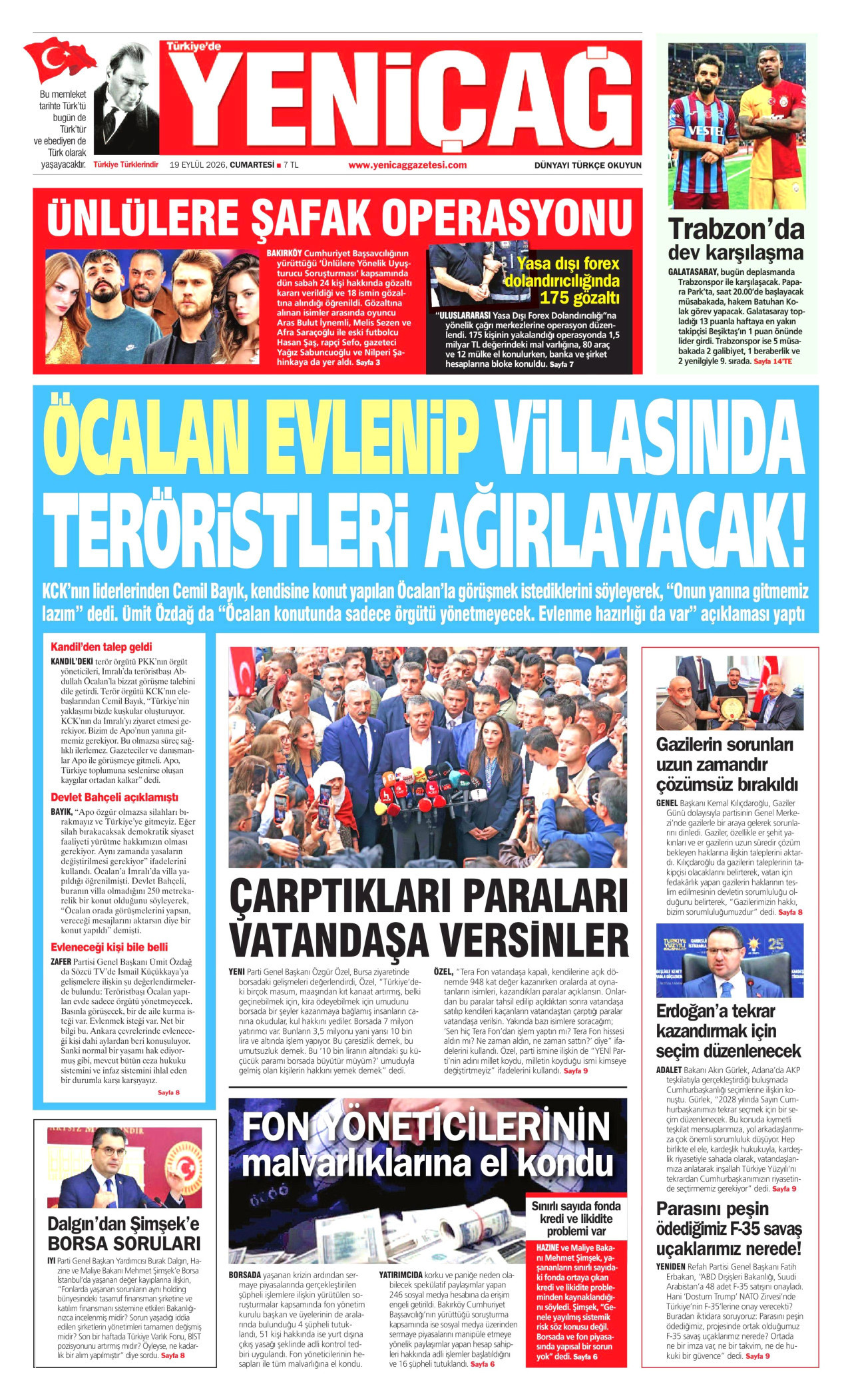 Yeniçağ Gazetesi Manşeti - 19 Eylül 2026 Birinci Sayfa